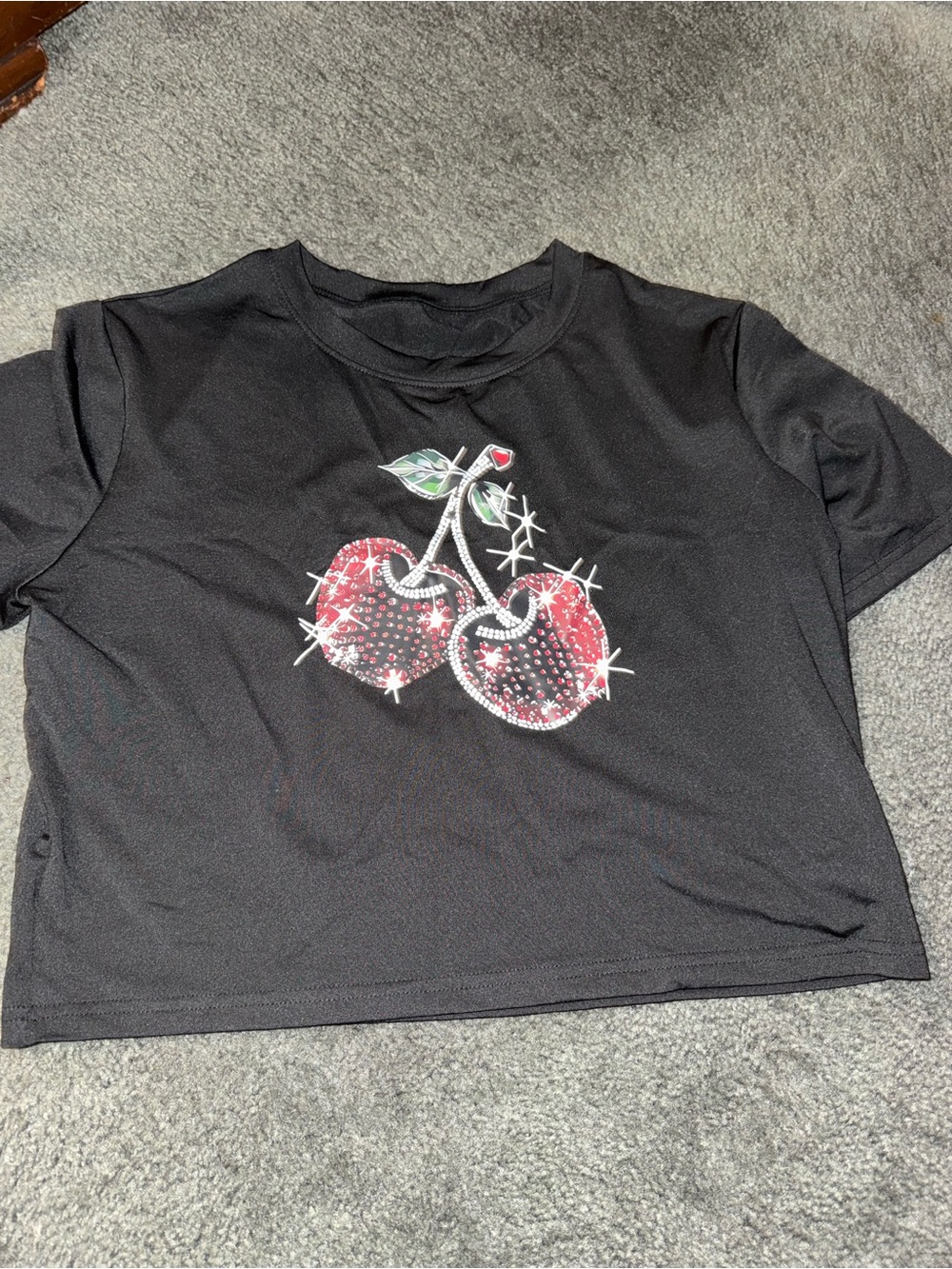 SHEIN Black Cropped Tee with Red Sparkle Cherry Motif
